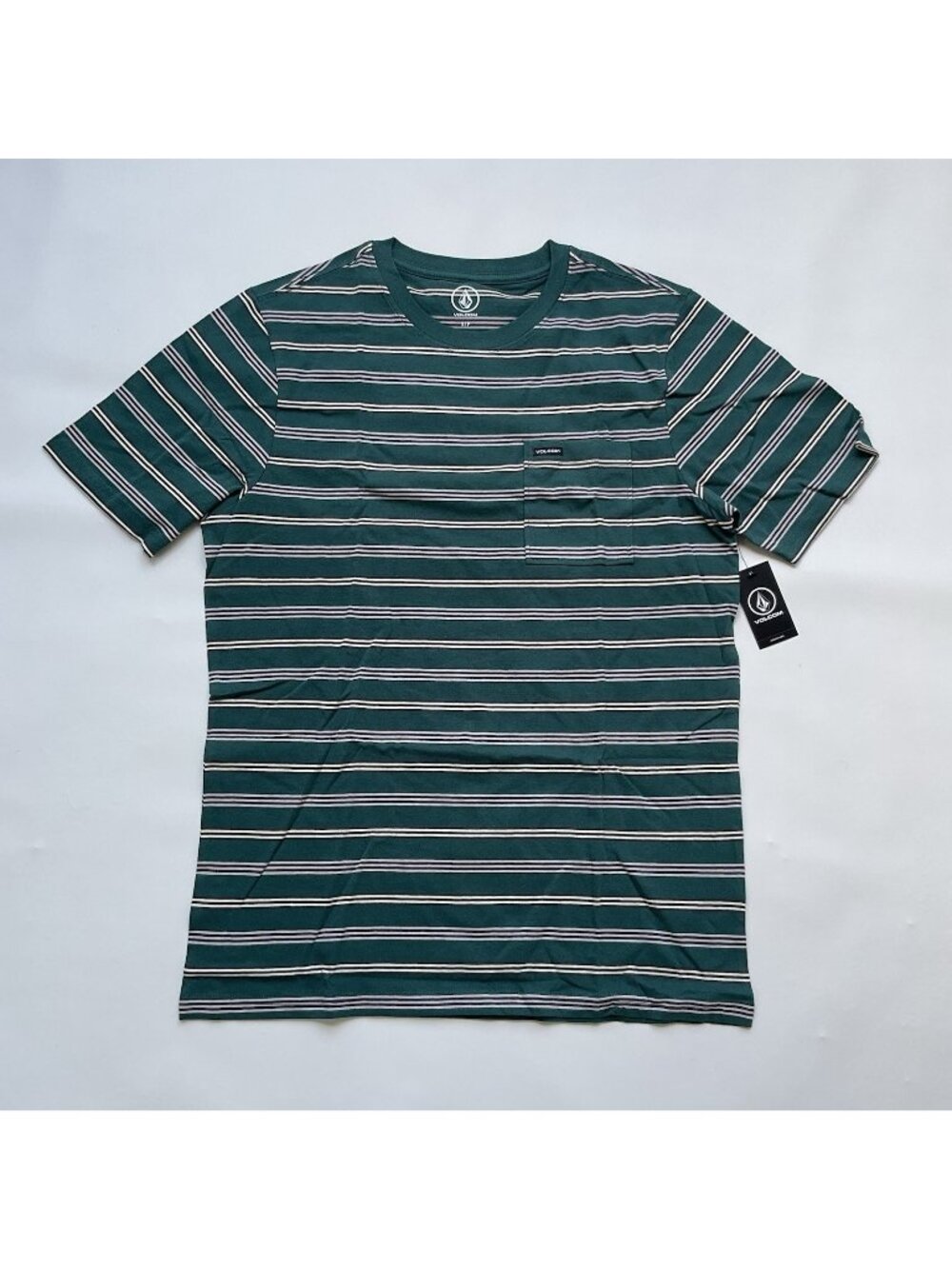 $40 VOLCOM Men’s Green Crew Striped Short Sleeves T-Shirt Chest Pocket Size M